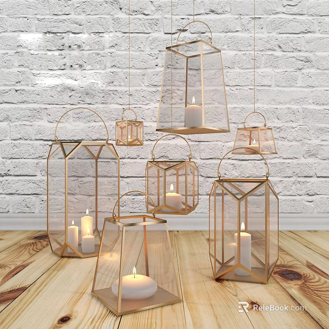 Elegant Metal Frame Candle Lanterns with Glass Panels Hanging and Standing Against Brick Wall 3d model 