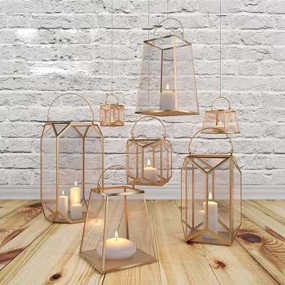 Elegant Metal Frame Candle Lanterns with Glass Panels Hanging and Standing Against Brick Wall 3d model