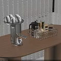 Stylish Kitchen Tabletop With Stainless Steel Coffeemaker White Cups And Wire Basket On Wooden Table