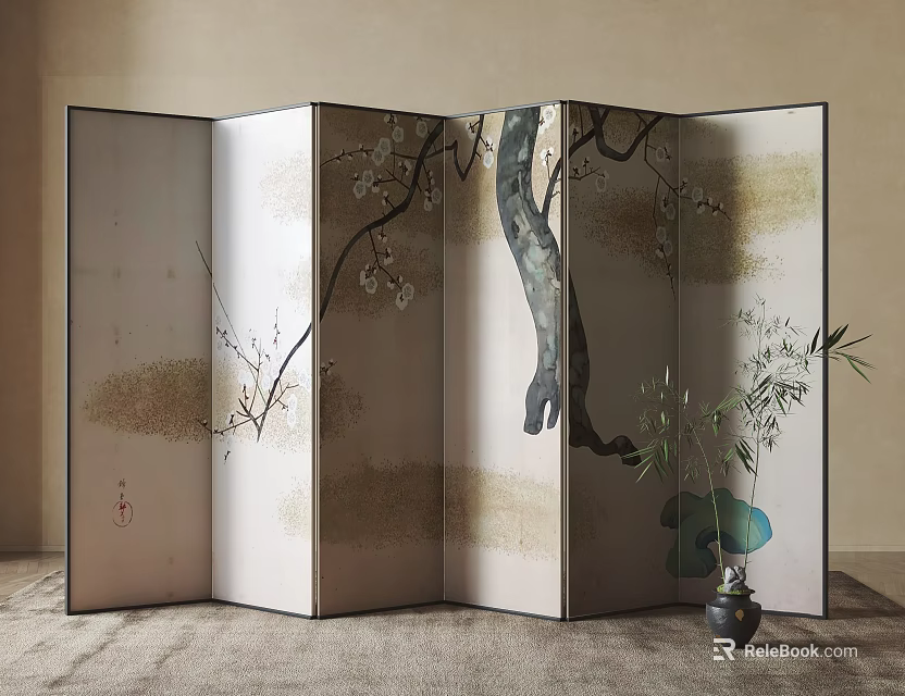 Traditional Folding Screen With Plum Blossom Tree On Neutral Background 3d model