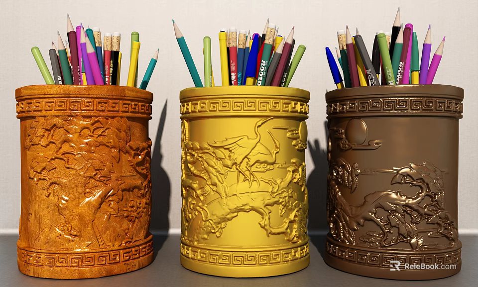 Golden Brown Decorative Pencil Holders With Carved Patterns And Colorful Pencils 3d model 