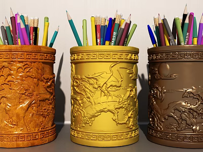 Golden Brown Decorative Pencil Holders With Carved Patterns And Colorful Pencils 3d model
