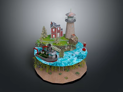 Scenic Landscape With Lighthouse Red House Boat And Green Trees Around Water 3d model