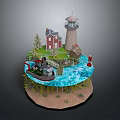 Scenic Landscape With Lighthouse Red House Boat And Green Trees Around Water