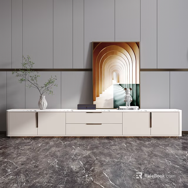 Modern White TV Stand With Marble Top And Decorative Painting On Gray Wall 3d model 
