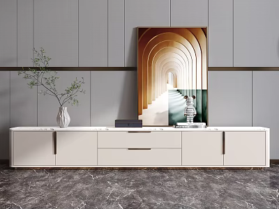 Modern White TV Stand With Marble Top And Decorative Painting On Gray Wall 3d model