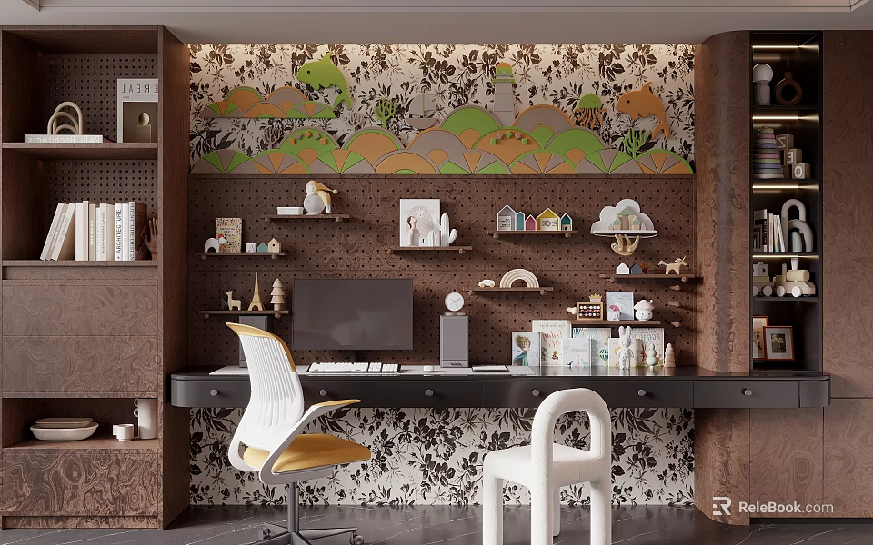 Modern Home Office Desk With Computer Lamp Decorative Items And Patterned Wall 3d model 