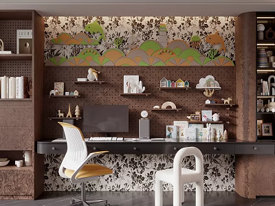 Modern Home Office Desk With Computer Lamp Decorative Items And Patterned Wall 3d model