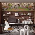 Modern Home Office Desk With Computer Lamp Decorative Items And Patterned Wall
