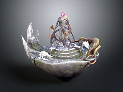 Fantasy Rock Platform With Central Figure Pink Gemstone Headdress Stone Steps White Dragon Tentacle Structures 3d model