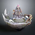 Fantasy Rock Platform With Central Figure Pink Gemstone Headdress Stone Steps White Dragon Tentacle Structures