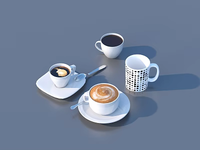 Assorted Coffee Cups With Latte Art Saucers Spoons And Patterned Design 3d model