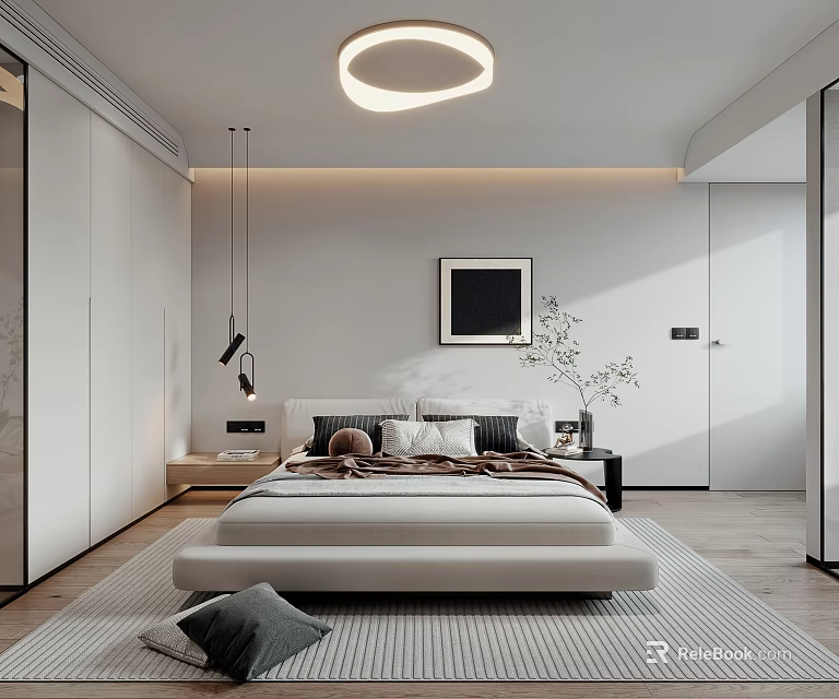 Modern Bedroom Interior Design With Large Bed Pillows Round Pendant Light And Wooden Floor 3d model 