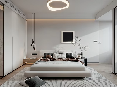 Modern Bedroom Interior Design With Large Bed Pillows Round Pendant Light And Wooden Floor 3d model