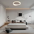 Modern Bedroom Interior Design With Large Bed Pillows Round Pendant Light And Wooden Floor
