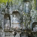 Ancient Buddha Stone Carvings on Cliff Wall with Moss Covered Rock and Natural Setting