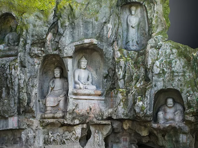 Ancient Buddha Stone Carvings on Cliff Wall with Moss Covered Rock and Natural Setting 3d model