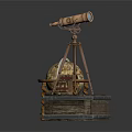 Vintage Globe With Wooden Stand Telescope On Tripod And Wooden Box With Paper