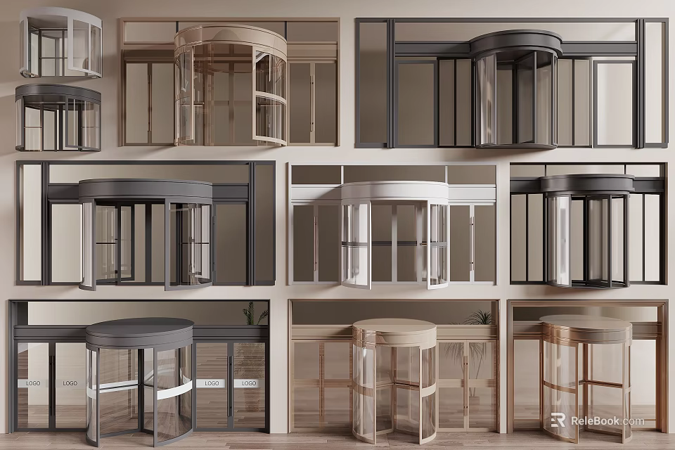 Various Modern Revolving Door Designs With Metal Frames And Glass Panels 3d model 