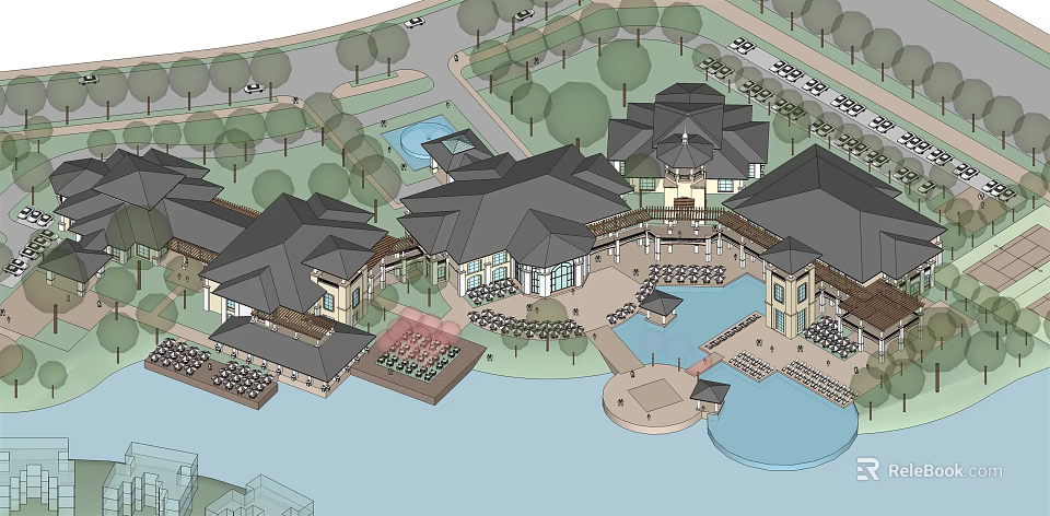 Waterfront Architectural Complex Design With Trees Buildings and Water Features 3d model 