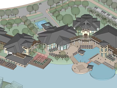 Waterfront Architectural Complex Design With Trees Buildings and Water Features 3d model
