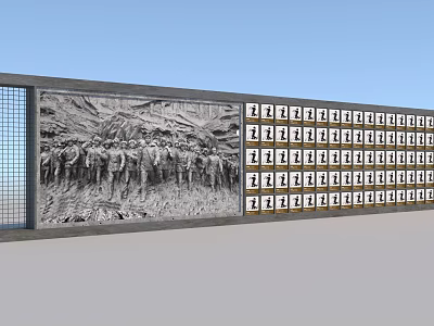 Plaza Landscape With Gray Wall Crowd Relief Sculpture Neatly Arranged Lamps And Blue Sky Background 3d model