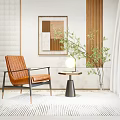 Orange Striped Single Sofa In Modern Interior With Side Table Lamp And Green Plant