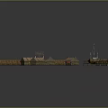 Ancient Wooden Water Transport Vessel With Small Huts Dock And Fence Structure