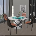 Round Marble Dining Table Set With Four Orange Brown Leather Chairs Green Tray And Plant