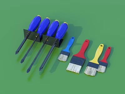 Hardware Tools Set With Blue Screwdrivers And Colorful Brushes On Green Background 3d model