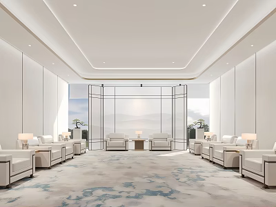 Modern Lobby Interior With White Walls Floor To Ceiling Windows And Light Colored Sofas 3d model