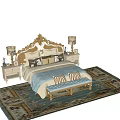 Luxurious Double Bed with Ornate Carved Headboard Gold Footstool Nightstands Table Lamps and Patterned Rug