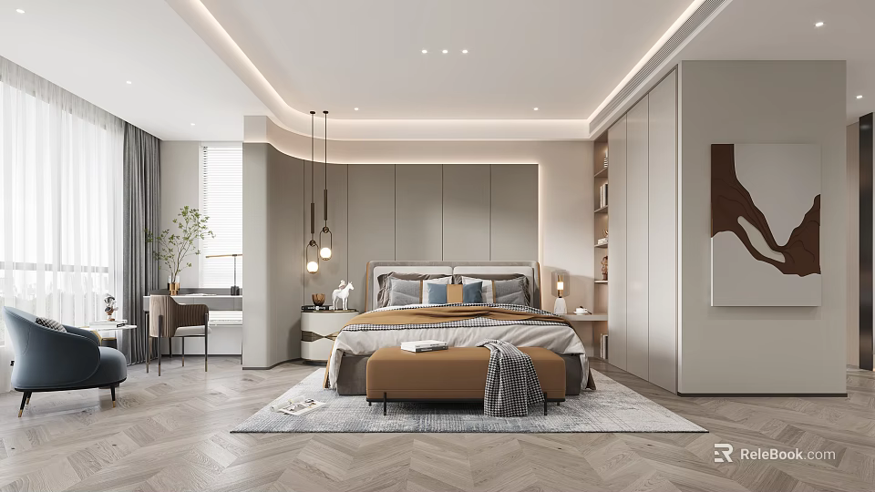Modern Elegant Bedroom Interior Design With Bed Nightstands Pendant Lights Rug And Wardrobe 3d model 