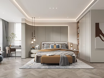 Modern Elegant Bedroom Interior Design With Bed Nightstands Pendant Lights Rug And Wardrobe 3d model