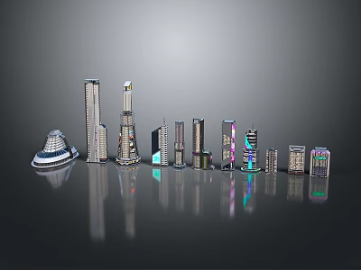 Cartoon Style City Buildings With Various Shapes Colorful Lights And Reflective Surface 3d model