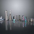 Cartoon Style City Buildings With Various Shapes Colorful Lights And Reflective Surface