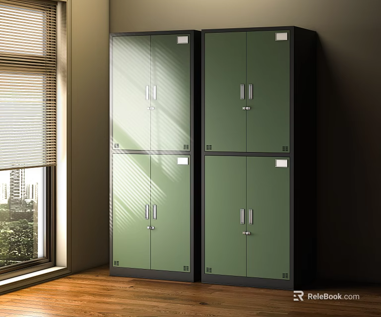 Modern Green Wardrobe With Glass Doors And Black Frames In Sunlight 3d model
