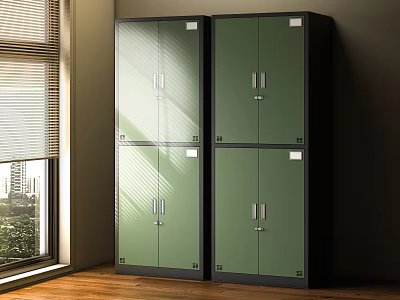 Modern Green Wardrobe With Glass Doors And Black Frames In Sunlight 3d model