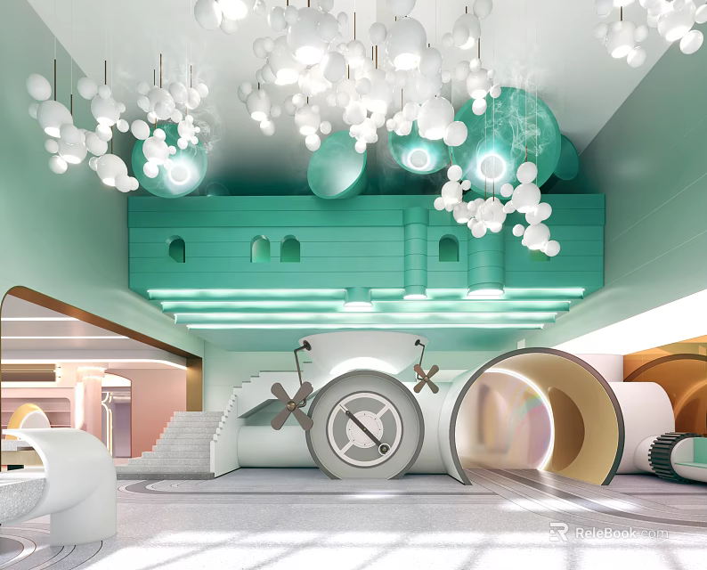 Colorful Kindergarten Interior Design With Green Structures Ceiling Lights And Play Tunnels 3d model 