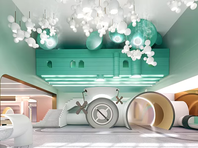 Colorful Kindergarten Interior Design With Green Structures Ceiling Lights And Play Tunnels 3d model