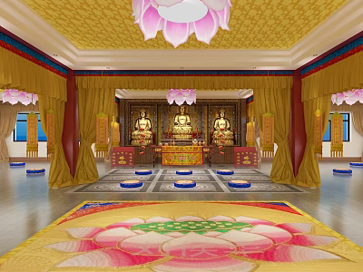Sacred Buddhist Temple Interior With Golden Ceiling Lotus Chandelier And Buddha Statues 3d model