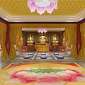 Sacred Buddhist Temple Interior With Golden Ceiling Lotus Chandelier And Buddha Statues