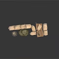 Modern Tactical Outdoor Setup With Sandbags Wooden Crate Bucket And Green Camouflage Fabric