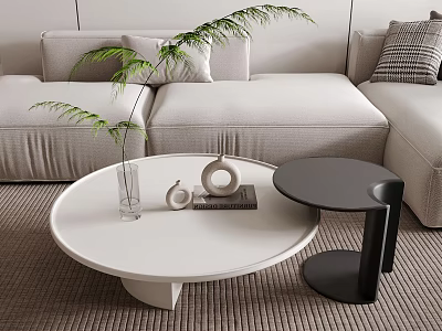 Modern White Round Coffee Table Featuring Black Side Table Vase Decorative Items And Books 3d model