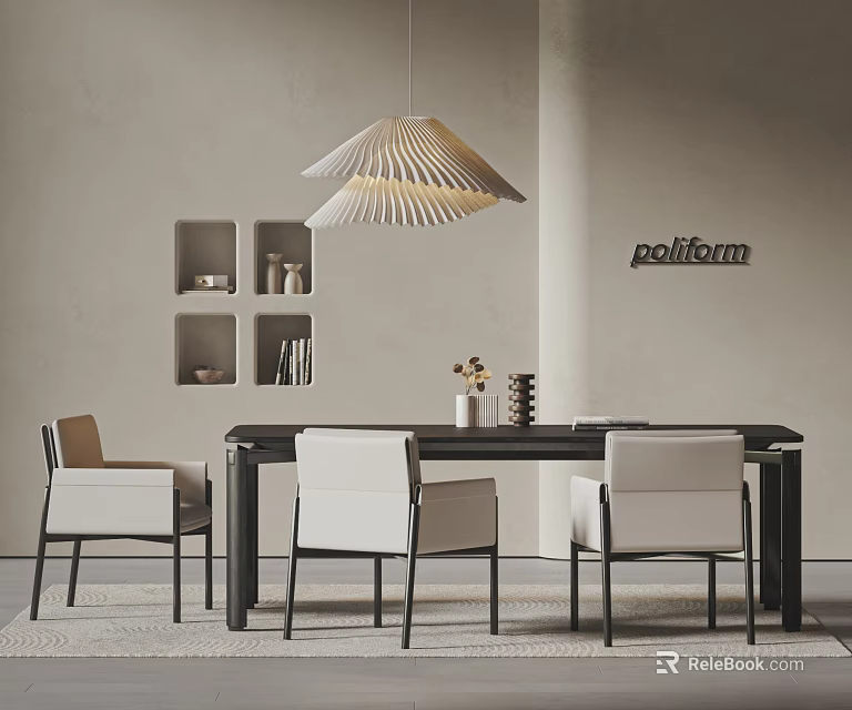 Modern Minimalist Table And Chair Set With Pendant Light And Wall Mounted Shelves 3d model 