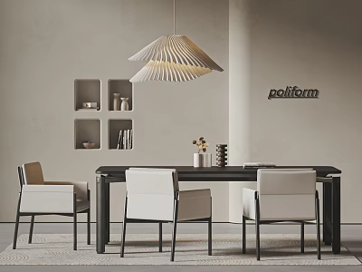 Modern Minimalist Table And Chair Set With Pendant Light And Wall Mounted Shelves 3d model