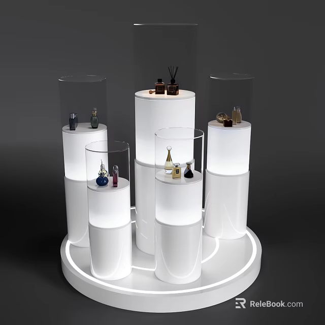 Window Display Merchandising Featuring White Cylindrical Pedestals And Glass Domes With Decorative Products 3d model 