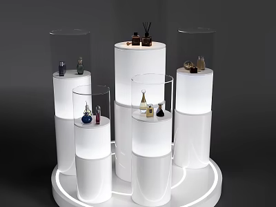 Window Display Merchandising Featuring White Cylindrical Pedestals And Glass Domes With Decorative Products 3d model