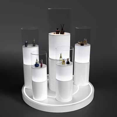 Window Display Merchandising Featuring White Cylindrical Pedestals And Glass Domes With Decorative Products 3d model