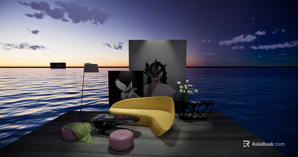Modern Curved Yellow Sofa and Coffee Table Set with Seaside Sunset and Wall Art 3d model 